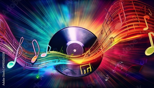 a vibrant background adorned with colorful music notes sheet music a disc and a treble clef creates a lively and dynamic visual composition that celebrates the beauty and power of music