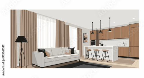 Modern living room and kitchen with white sofa, island, and wooden cabinets