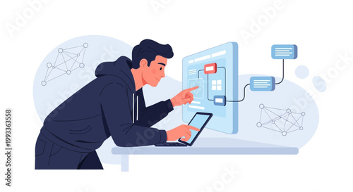 Programmer working on a futuristic interface with laptop and digital screen