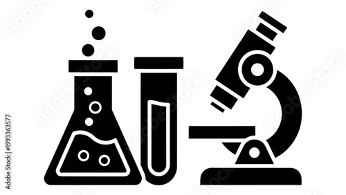 Laboratory equipment icon set, including a chemical flask, test tube, and microscope, representing scientific research a