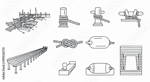 Nautical mooring and docking elements boats, piers, bollards, and various nautical knots