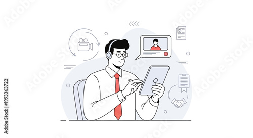 Man with headphones using tablet for online meeting, video call, remote work concept