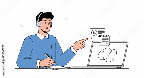 Man with headphones taking notes and pointing at laptop screen with cloud icon