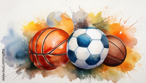 artistic watercolor depiction of diverse sports balls showcasing soccer basketball and football designs
