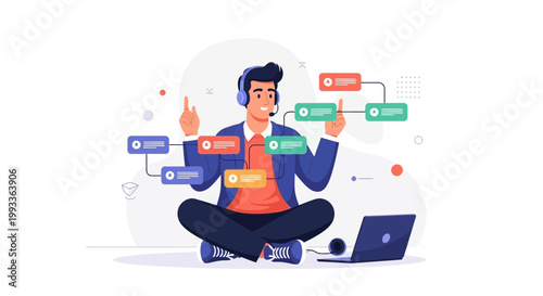 Man with headphones meditating with workflow flowchart and laptop, business concept