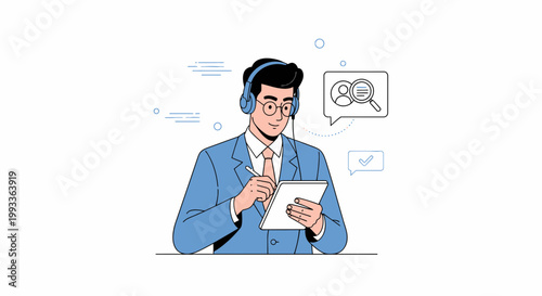 Man with headphones and tablet, customer service, search, analysis, online support