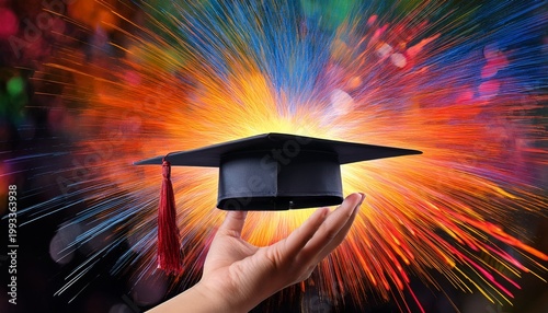 hand holds a graduation cap against a burst of colorful abstract paint vibrant art
