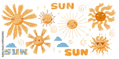 Set of sun illustration with various forms. Collection of fanny sun with emotions. Sunshine emoji