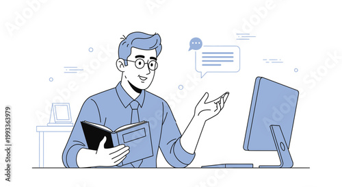 Man with glasses holding book, talking online via computer, chat bubble
