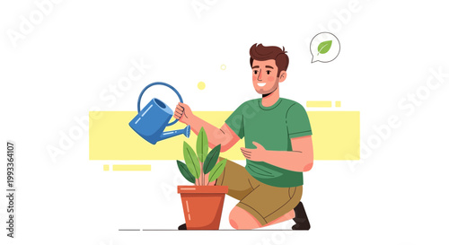 Man watering potted plant, gardening, healthy lifestyle, growth concept, illustration