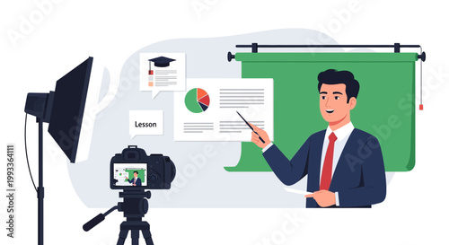 Online Education: Teacher Recording Lesson with Camera and Green Screen