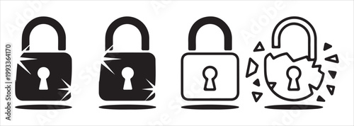 Damaged and broken padlocks, security breach and unlock icons, data vulnerability symbol set.