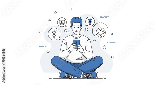 Man Using Smartphone with Creative Ideas and Technology Icons Floating Around