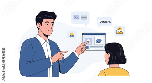 Man teaching woman online course on laptop, digital education concept