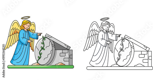 Angel pointing at the empty tomb with rolled away stone. Easter resurrection biblical story illustration with black and white coloring page version for kids.