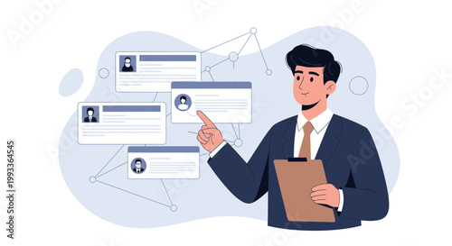 Recruiter selecting candidate from list of profiles for job hiring, HR concept