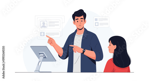 Man teaching woman about digital interface on touchscreen, pointing at screen