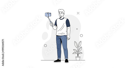 Man taking selfie with smartphone on selfie stick, modern illustration, lifestyle concept
