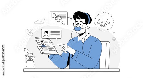 Recruiter wearing mask reviews candidate profile on tablet during remote hiring process