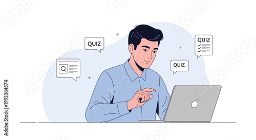 Man taking online quiz on laptop, learning, education, knowledge, test, exam