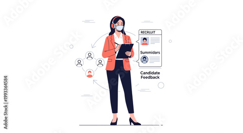 Recruiter wearing mask, reviewing candidate feedback and applicant list during pandemic