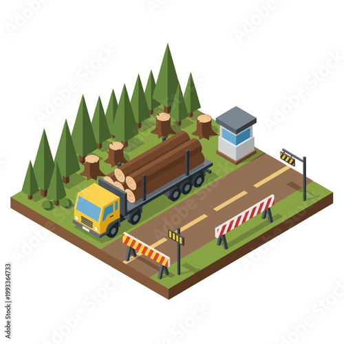 Isometric Truck Transporting Logs on Roadway.