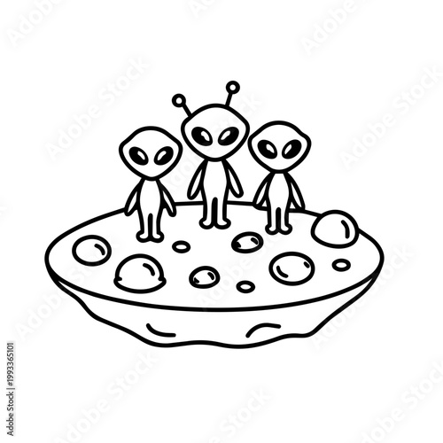 space journey field trip alien family line art hand drawn black and white outline