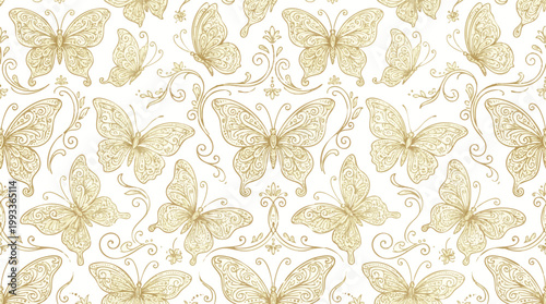 Elegant golden butterfly pattern seamless illustration with ornate swirls and decorative flourishes on a white background
