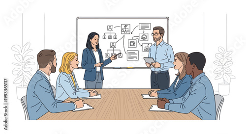 Business meeting with flowchart presentation on whiteboard, diverse team collaborating in office