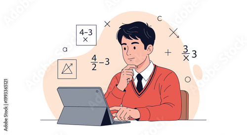 Student learning math online, thinking about formulas and equations on a laptop
