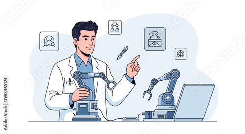 Scientist working with robotic arms and laptop, innovation and technology concept