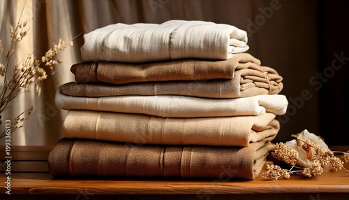 Pile of stacked organic linen fabrics in earthy neutral colors with soft natural lighting