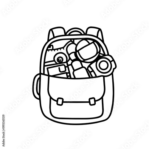 space journey field trip backpack line art hand drawn black and white outline