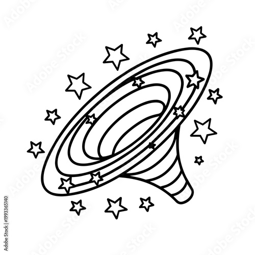 space journey field trip black hole line art hand drawn black and white outline