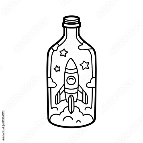 space journey field trip bottle rocket line art hand drawn black and white outline