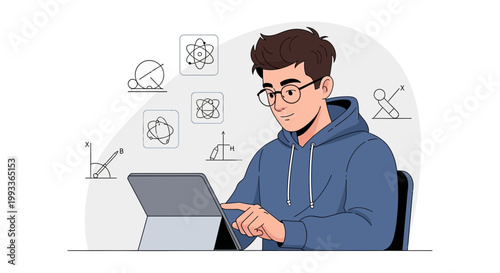 Student learning science online with tablet and physics icons