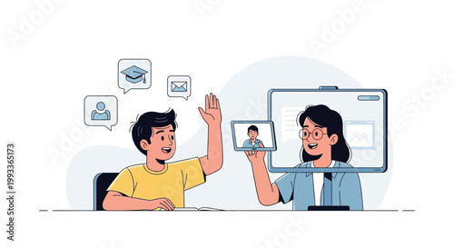 Student raising hand for online class, teacher on screen, e-learning concept