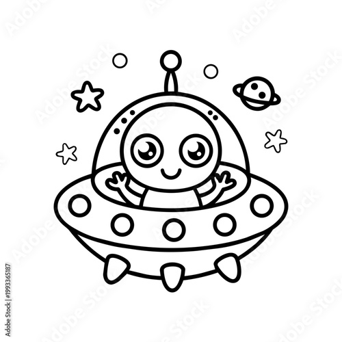 space journey field trip cute alien line art hand drawn black and white outline