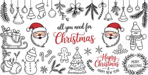Hand drawn Christmas doodle vector set with Santa Claus, snowman, gingerbread man, ornaments, and holiday greetings for seasonal cards