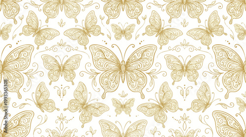 Elegant golden ornamental butterflies seamless pattern on a white background, vintage design