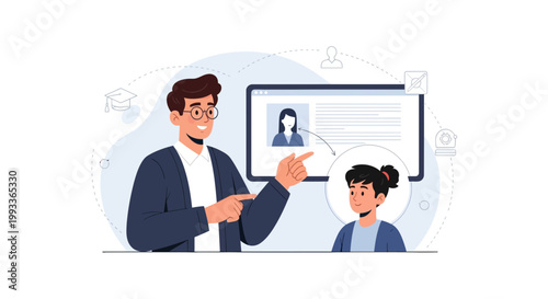 Teacher pointing at screen with student profile, online education concept