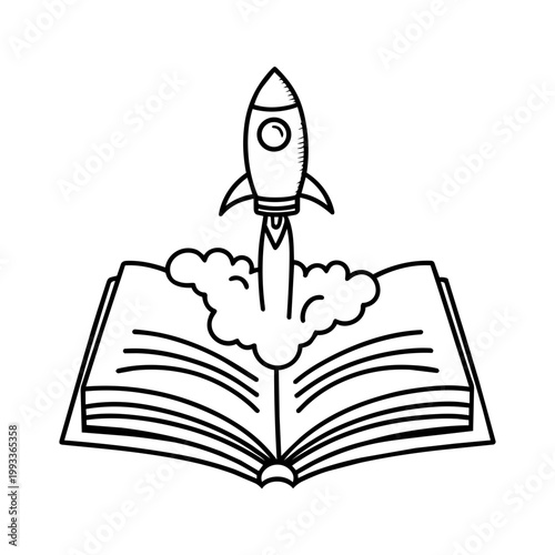 space journey field trip rocket doodle line art hand drawn black and white outline