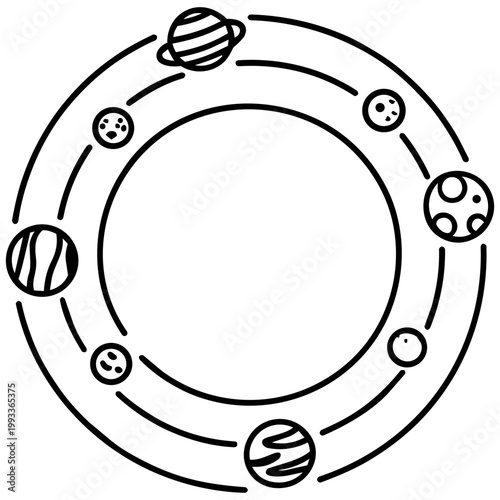 space journey field trip solar system line art hand drawn black and white outline