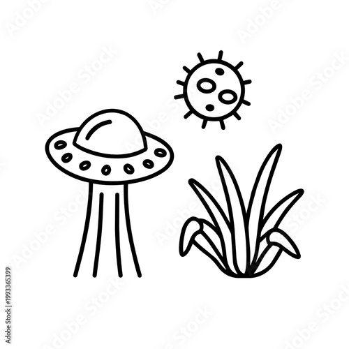 space journey field trip space garden line art hand drawn black and white outline