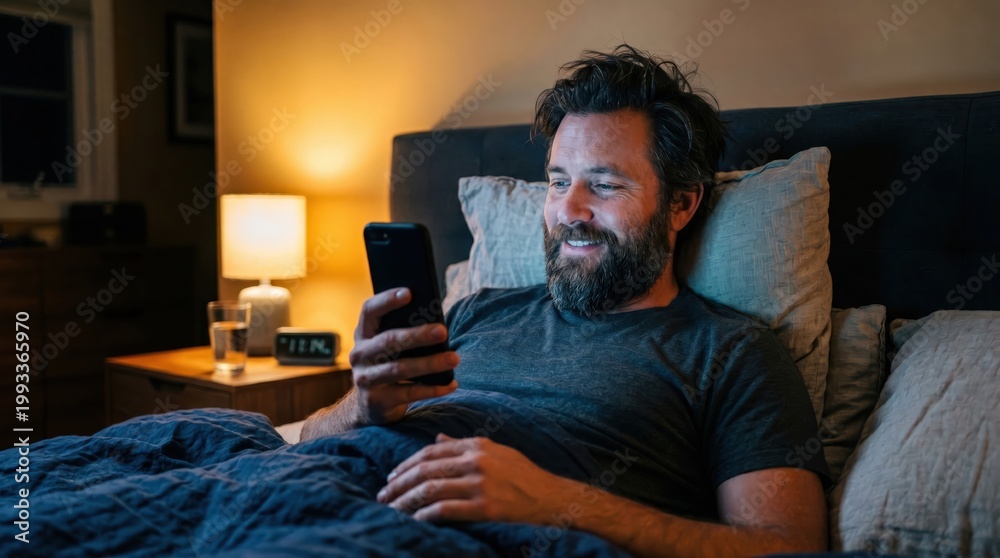 Fototapeta premium Man in bed at night browses smartphone. Bright screen light illuminates his face. Person has tired and focused expression while scrolling news feed, c
