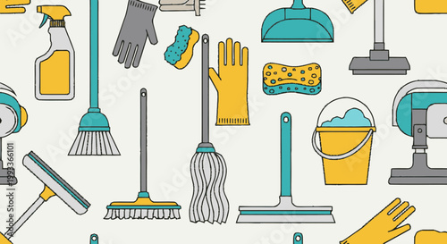 Collection of Cleaning Supplies and Tools for Housekeeping.