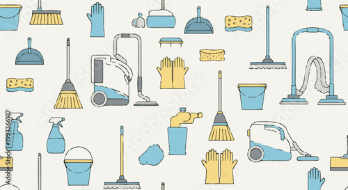 Collection of Cleaning Supplies and Tools Seamless Pattern.