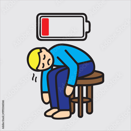 Exhausted man with low battery icon above his head.