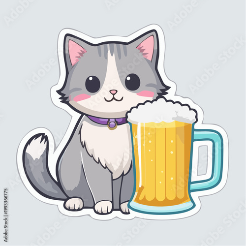 Cute Cat with Beer Mug Sticker
