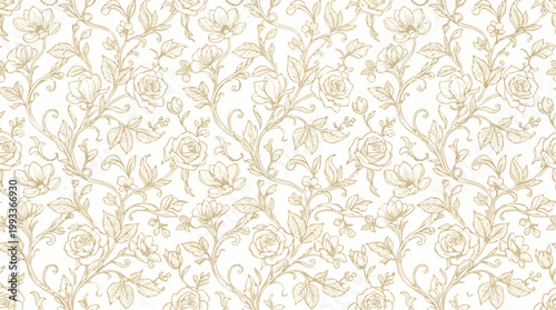 Seamless vintage floral pattern with delicate botanical illustrations of roses and vines on a white background